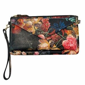 Lodis Italian Leather Black Floral Multi Wristlet Clutch